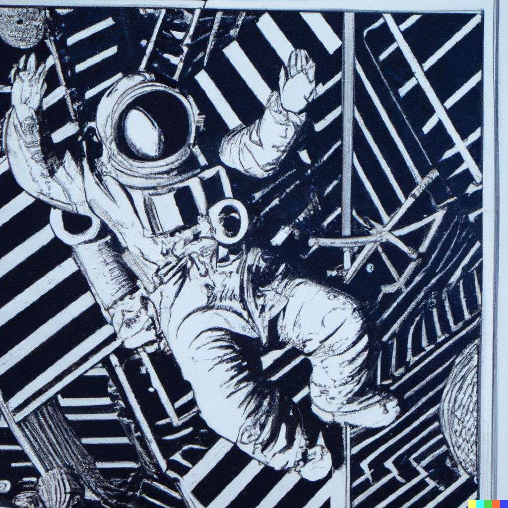an astronaut, lithography by Escher